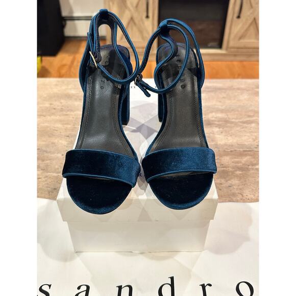 NEW Sandro Adrianne Velvet Block Heels In Turquoise size 36 - Picture 3 of 9